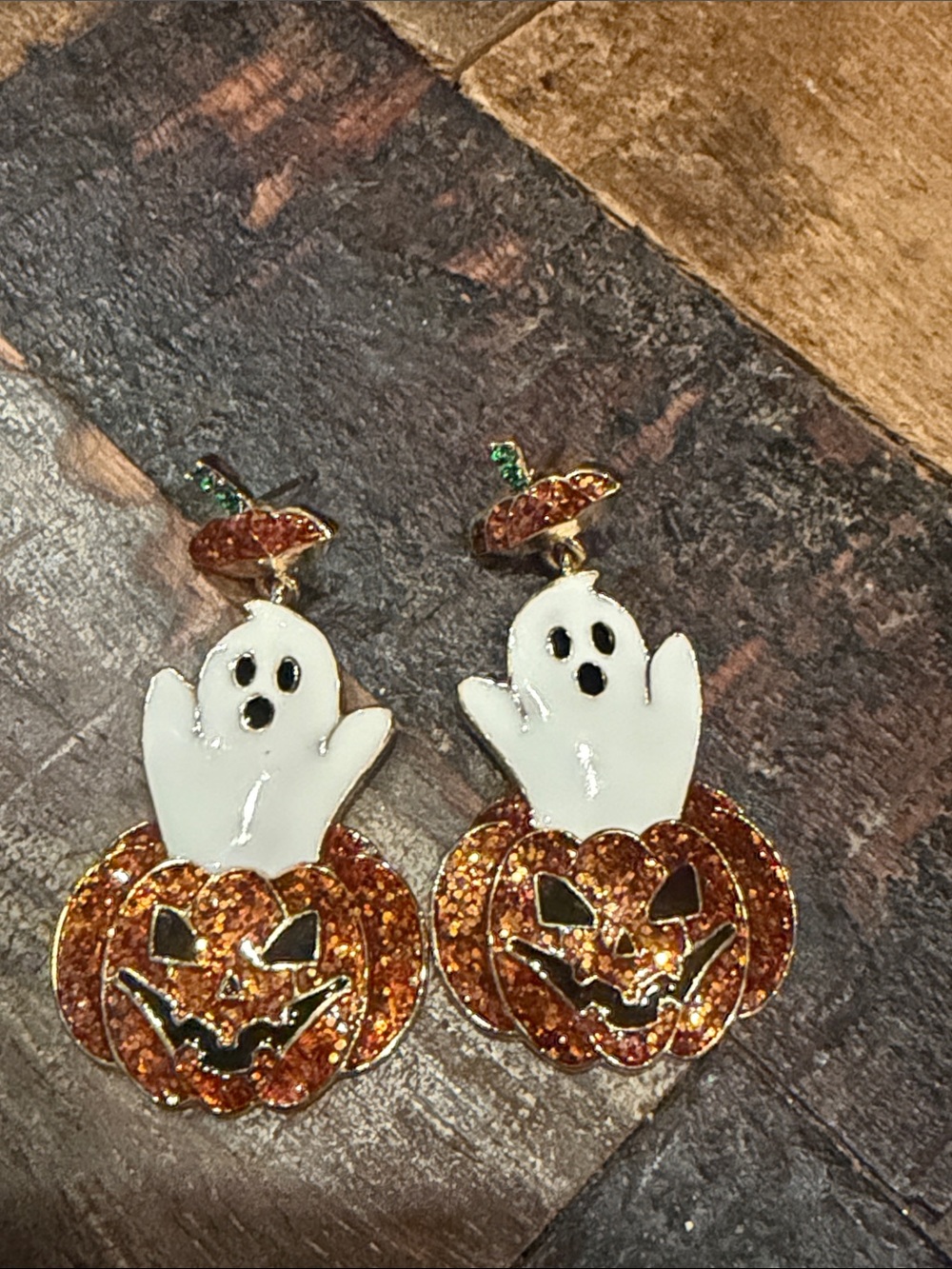 Halloween Ghost in Glitter Jack O Lantern Dangle Drop Pierced Earrings Preloved